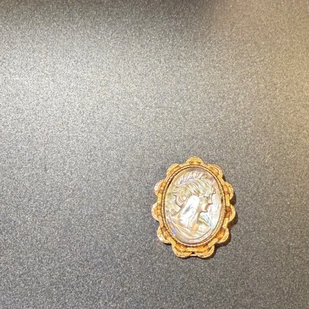 Vintage Gold Tone Mother of Pearl Cameo Brooch Pendant Scalloped Frame Pin